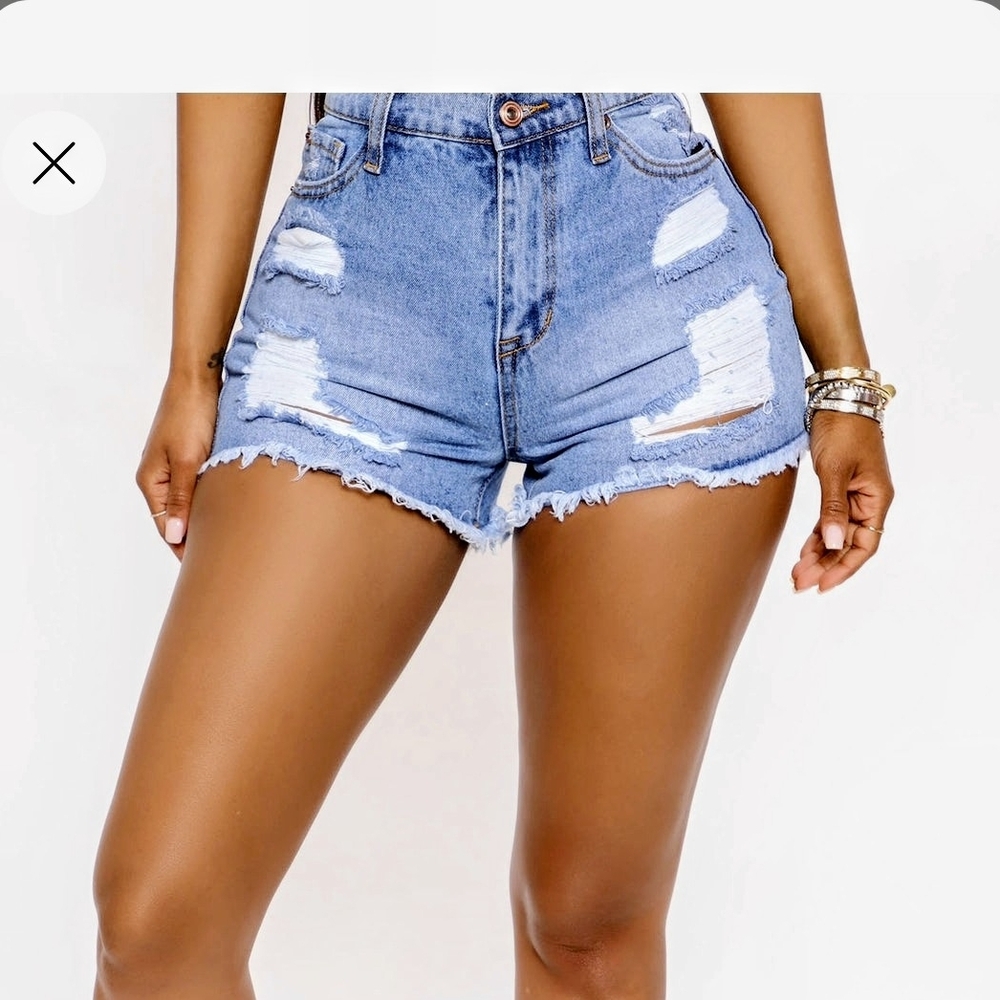 Fashion Nova High-Rise Distressed Denim Shorts - Light Blue